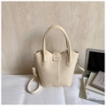 Chic cream white bucket bag with round handles and detachable shoulder strap in soft leather - Rice White (No Pendant)