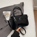 Chic black shiny oil wax leather crossbody square bag with silver buckle details - Black without Pendant