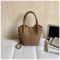 Brown litchi grain leather bucket bag with top handles and adjustable shoulder strap - Khaki (No Pendant)