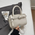 Minimalist cream white vintage crossbody bag with textured leather and decorative straps - Rice White (No Pendant)