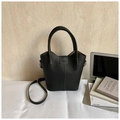 Black lychee leather bucket bag with top handle and adjustable shoulder strap - Black without Pendant