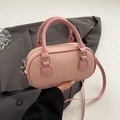 Pink pebble grain leather mini bowling bag with handles and crossbody strap - No Pendant / Pink