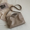 Minimalist taupe matte leather shoulder bag with vertical stitching and top handles - Khaki