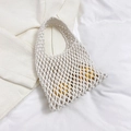 Handmade woven tote bag in off-white hollow mesh design for summer beach storage - White