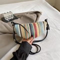 Multicolor woven half-moon hobo bag with vibrant stripes and black leather strap - Black
