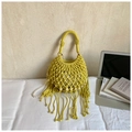 Borsa a tracolla intrecciata giallo brillante con lunghe frange e perline - Giallo (Con Catena di Perle Artificiali)