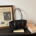 Glossy black vintage tote bag with elegant thin shoulder straps and silver lettering - Black without Pendant