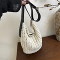 Chic cream woven tote bag with black leather straps and texture details - Magnetic Closure / White
