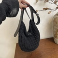 Black woven knit tote bag featuring a wide faux leather shoulder strap and magnetic closure - Magnetic Closure / Black