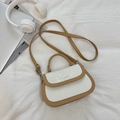 Minimalist cream and brown contrast square crossbody bag with textured leather and top handle - Khaki and Creamy White