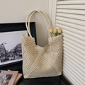 Beige holle geweven strooien draagtas voor strandvakanties met lange schouderbanden - Off-wit