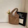 Handmade woven straw hobo bag in natural tan brown with hollow crochet pattern - Brown