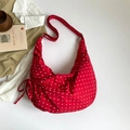 Borsa a tracolla a mezzaluna rossa a pois con fiocco decorativo in tela di cotone - Rosso