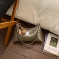 Detail view of grey-green hobo bag with silver bead chain and cute plush bear charm - With Pendant / Gray