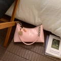 Pink patent leather underarm bag with silver zipper and decorative cute bear plush pendant - With Pendant / Pink