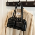 Classic black leather tote bag with dual front magnetic pockets and long shoulder straps - Spliced Black