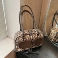 Leopard print faux fur tote bag with brown leather handles and gold-tone zippers - Leopard Khaki