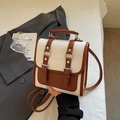 Chic two-tone square crossbody bag in beige and caramel faux leather with litchi texture - Brown No Pendant