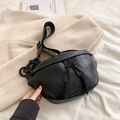 Black PU leather crescent dumpling bag with lychee texture and woven rope zippers - Black