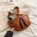 Retro brown PU leather dumpling bag with black chain detail and wide strap - Brown