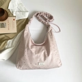 Pink hobo canvas shoulder bag with silver star patterns and ruffled drawstring strap - Pink