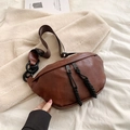 Dark brown retro PU leather crossbody bag with lychee texture and woven cord zippers - Brown