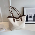 Bolso tote minimalista en lona crema con bordes de cuero marrón y gran capacidad - Beige y Café