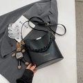 Black PU leather bucket bag with woven handle and cute bunny doll charm accessory - With Pendant / Black