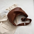 Chic brown retro soft leather crescent tote bag with adjustable wide strap and minimal style - Brown