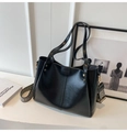 Large black PU leather tote bag with jacquard shoulder strap and gold hardware - Black