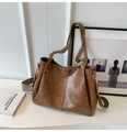 Vintage brown leather tote bag with stylish patterned woven wide shoulder strap - Khaki
