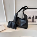Black large capacity faux leather tote bag with matching pouch and adjustable strap - Black (2-in-1 Set)
