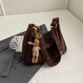 Retro red and green plaid woolen hobo shoulder bag with a cute plush rabbit charm - Burgundy Red With Charm