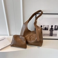 Minimalist large capacity dark brown bucket bag set with matching zipper pouch and strap - Khaki (2-in-1 Set)