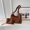 Retro dark brown large capacity faux leather hobo bag and matching pouch set - Brown (2-in-1 Set)