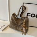 Brown checkered wool shoulder bag with a cute rabbit plush charm and metal logo detail - Khaki With Charm