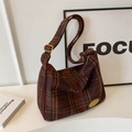 Retro burgundy checkered tweed shoulder bag with adjustable strap and gold buckle detail - Red Without Charm