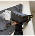 Borsa a mezzaluna nera con cerniere dorate e tracolla in tessuto stile etnico colorato - Nero