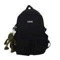 Zaino nero multi-tasche stile Harajuku con ciondolo a forma di rana verde in peluche - Nero Con Ciondolo a Rana