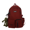 Deep red canvas student backpack with functional pockets and green frog plush pendant - Wine Red With Frog Pendant
