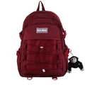 Burgundy Japanese style student backpack with cross ropes and cute monkey pendant - Red