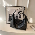Minimalist black hobo shoulder bag in premium litchi grain leather with gold hardware - Black
