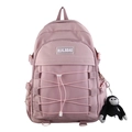 Pink minimalist backpack with stylish cross cords and cute monkey keychain decor - Pink