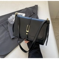 Minimalist black faux leather shoulder bag with golden U-shaped buckle and glossy finish - Black