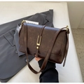 Retro dark brown crossbody shoulder bag with vintage faux leather and golden U-shaped buckle - Brown