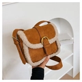 Brown faux suede crossbody bag with cream plush trim and vintage gold ring buckle - Brown