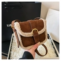 Vintage brown suede shoulder bag with cream faux fur trim and gold buckle detail - Brown