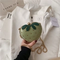 Mini light green strawberry chain bag with gold studs and leafy flip top for women - Green