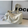 Creamy white pleated hobo bag with a cute plush bear pendant and wide shoulder strap - With Pendant / Off-white