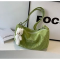 Bright green wrinkled nylon tote bag with a plush bear charm and fashion label - With Pendant / Green